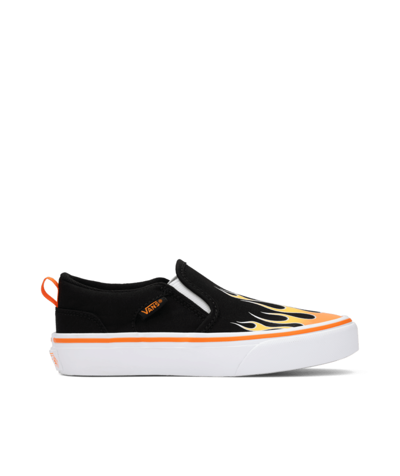 Black Vans slip-on sneaker with flame design on a transparent background