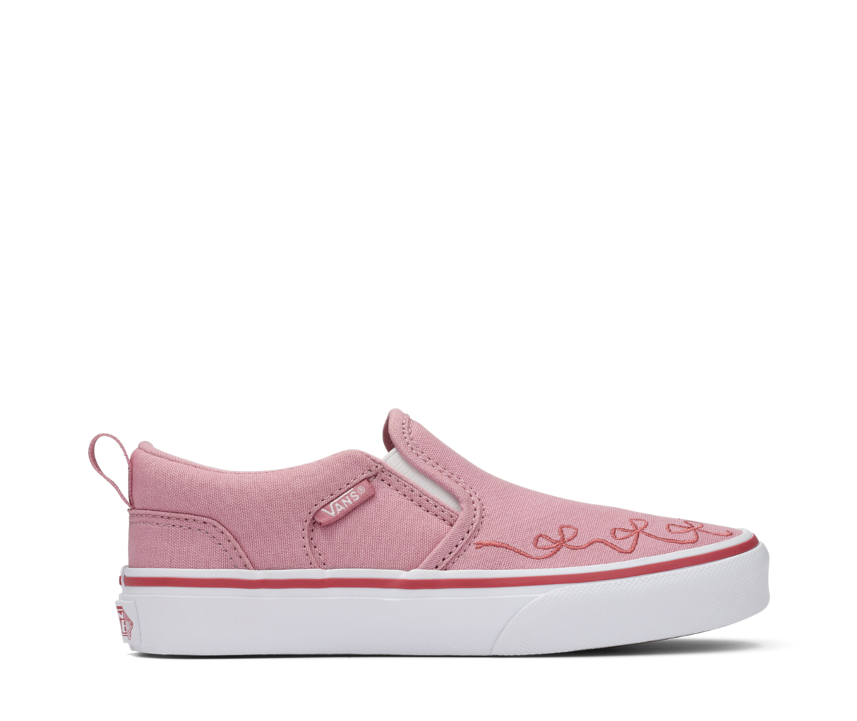 Pink Vans slip-on sneaker with white sole on a white background