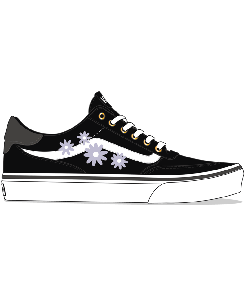 Black sneaker with four light purple floral designs on a transparent background