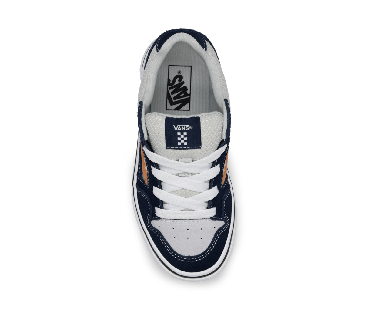 Navy and light grey sneaker with Vans logo on the sole from a top down view on a white background