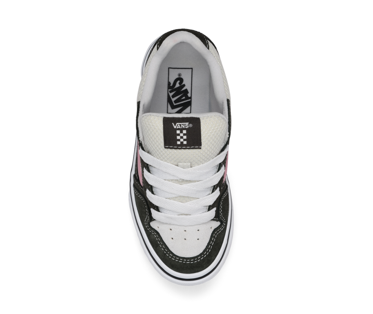 Black and white sneaker with Vans logo on the sole from a top down view on a white background