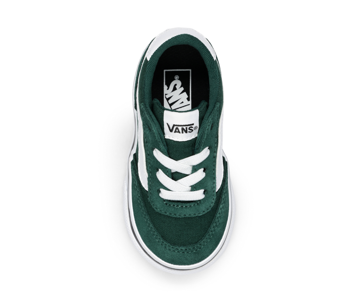 Green and white sneaker with Vans logo on the sole from a top down view on a white background