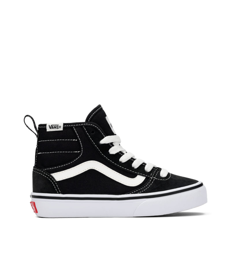 Black and white Vans sneaker with a visible brand logo on a transparent background