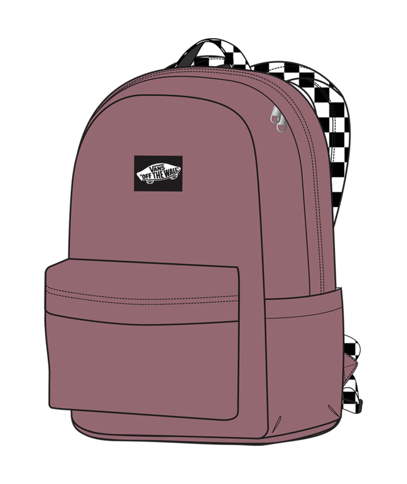 Mauve backpack with a checkered strap on a transparent background
