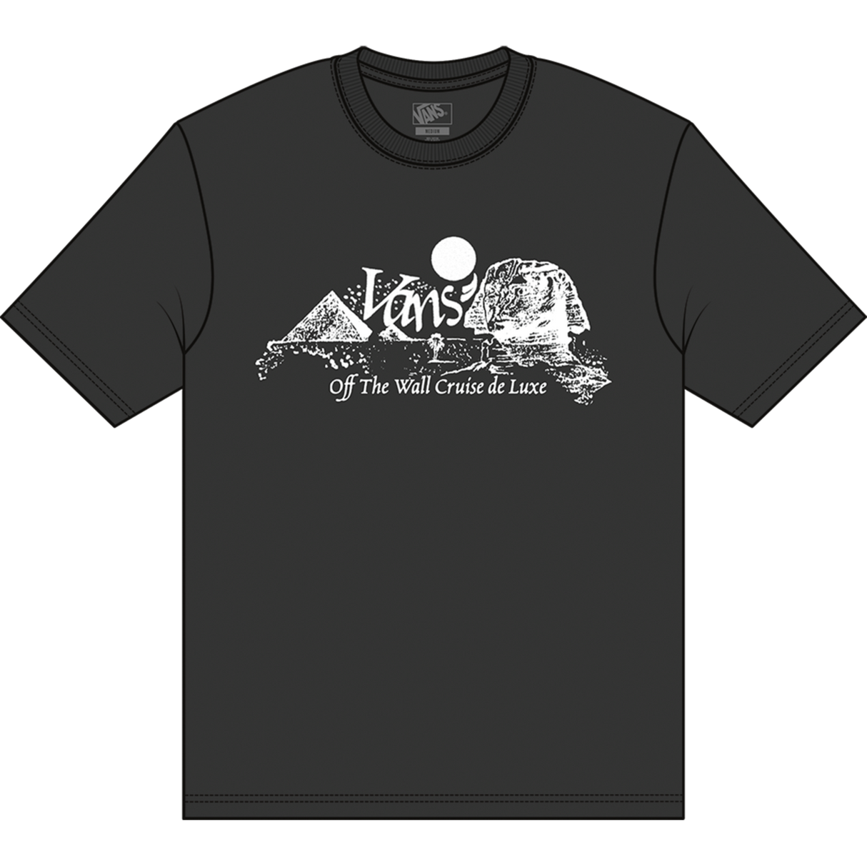 Black t-shirt with white graphic design on a white background