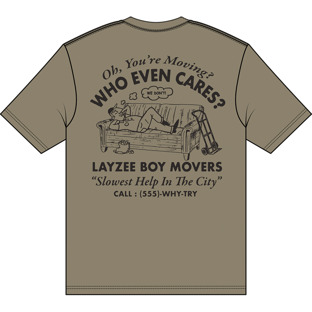 Greenish t-shirt with humorous graphic and text on a white background