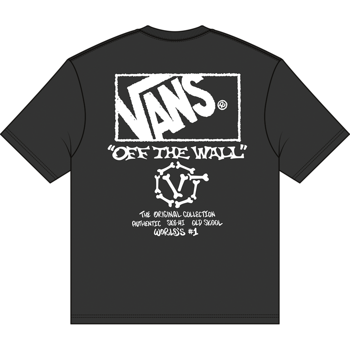 Black t-shirt with white 'Vans Off The Wall' logo and text on a white background