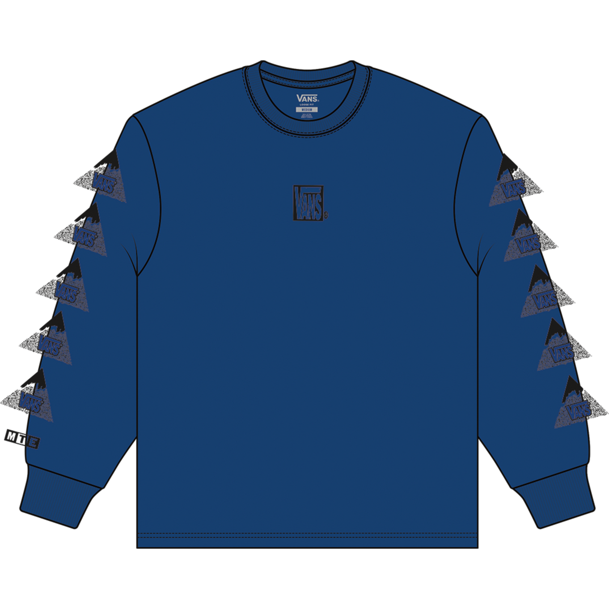 Blue long-sleeve shirt with geometric designs on sleeves against a white background