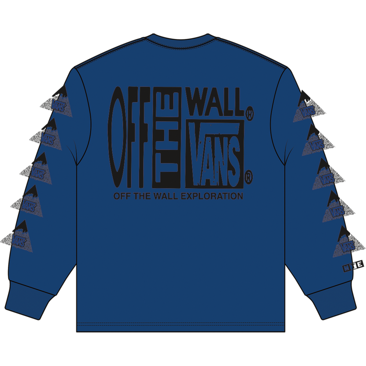 Blue long-sleeve shirt with 'Off The Wall' and 'Vans' branding on a white background