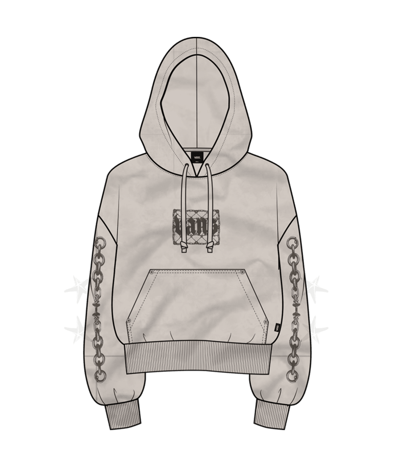 Taupe hoodie with brown chain details on a white background