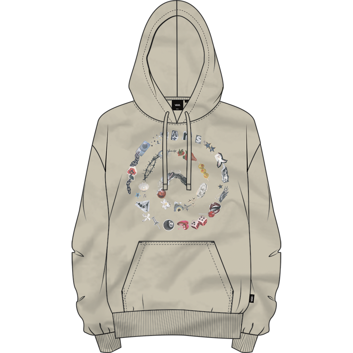 Beige hoodie with colorful graphic design on a white background