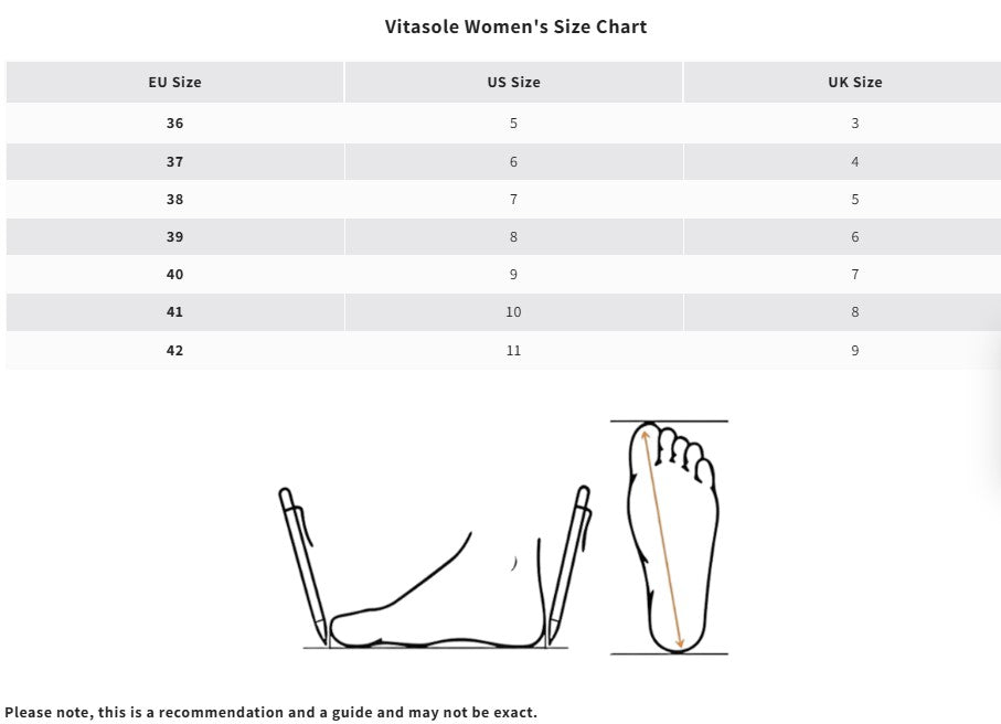 Vitasole Women's Size Chart showing conversions between EU, US, and UK sizes with a foot illustration.