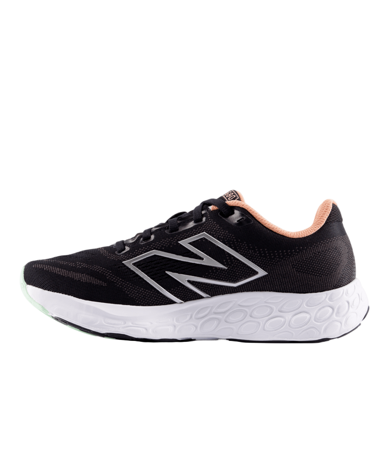 Black running shoe with New Balance logo on a white background