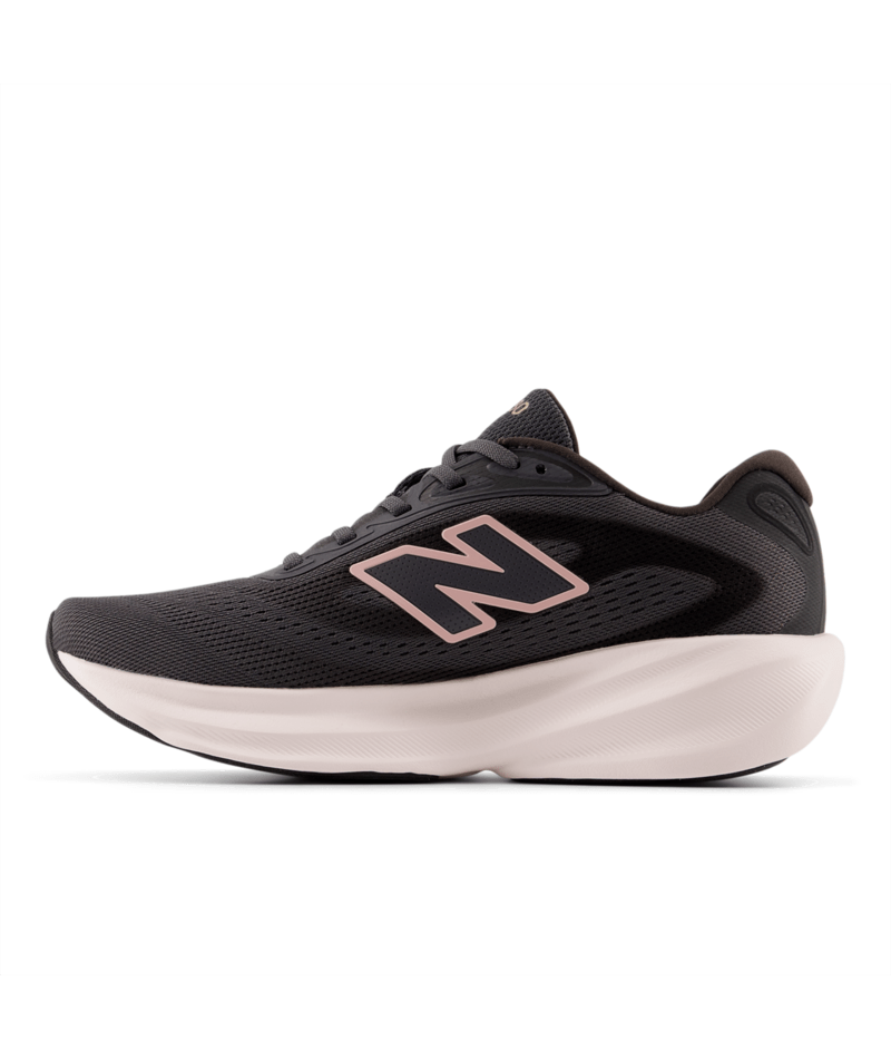 Dark gray running shoe with white sole on a light gray background