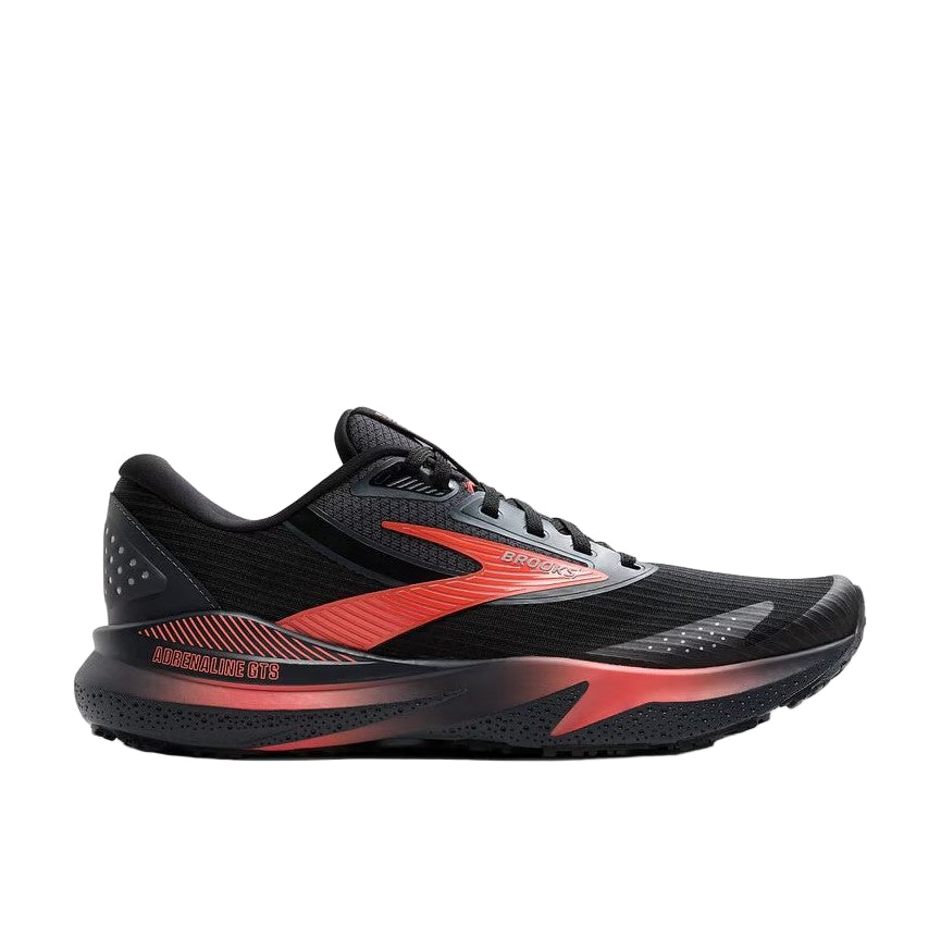 Black and red running shoe on a white background