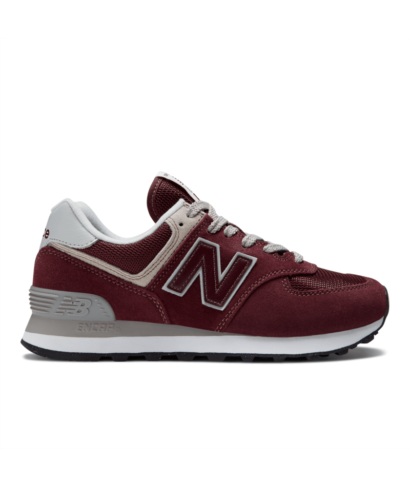Maroon New Balance 574 sneaker with white accents on a white background. Can be purchased at www.sneakersplus.ca