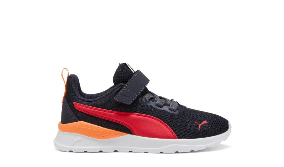 Navy, red, and orange Puma sneaker on a white background