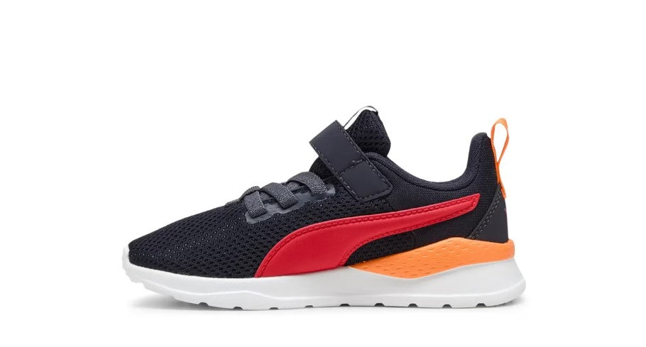 Navy, red, and orange children's sneaker on a white background