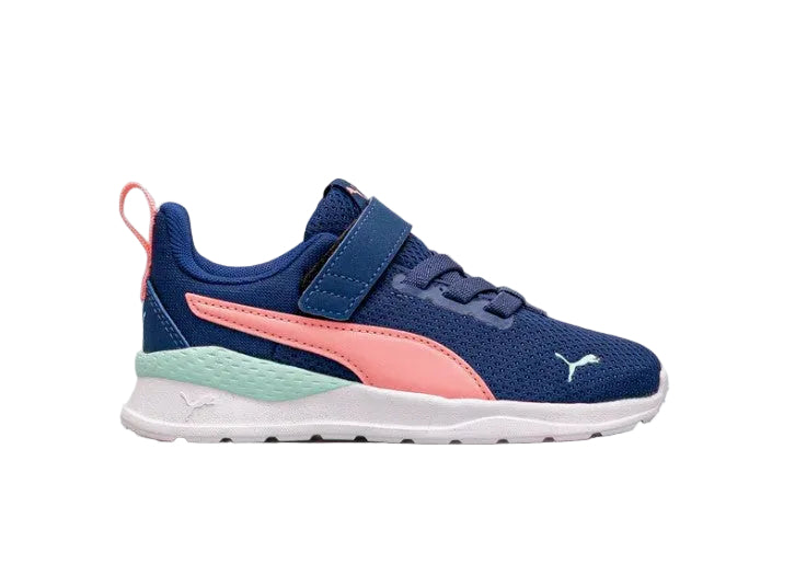 Blue and pink Puma sneaker on a light gray background