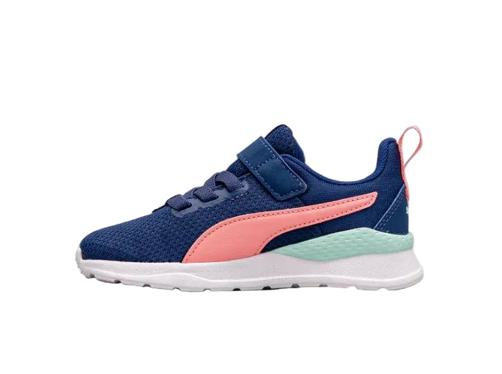 Blue and pink children's sneaker on a light gray background