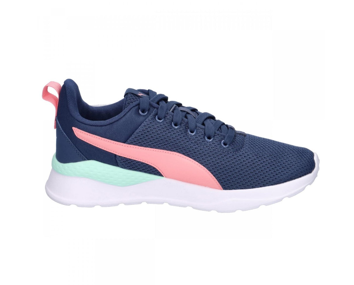 Navy blue Puma running shoe with pink and green accents on a white background.  Can be purchased at www.sneakersplus.ca