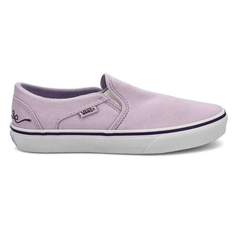 Purple slip-on sneaker with white sole on a white background