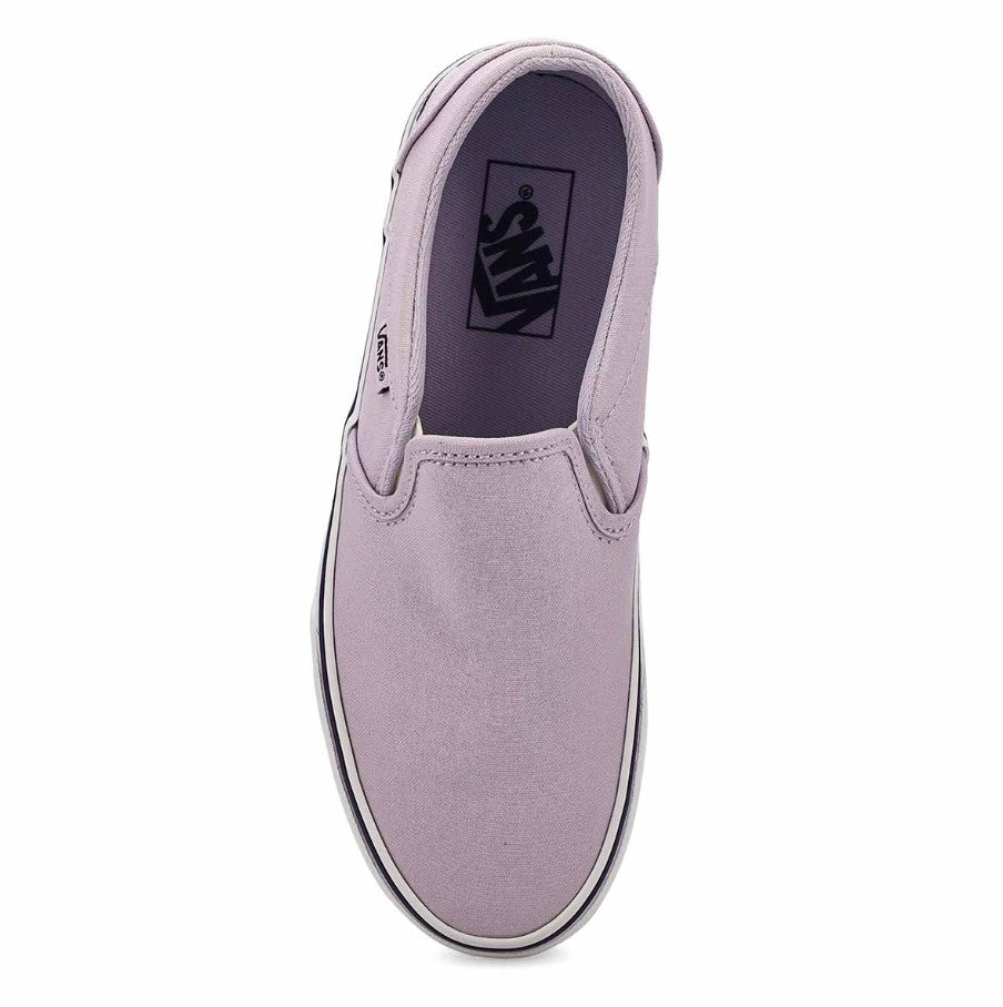 Purple slip-on sneaker with Vans logo from the top down on a white background
