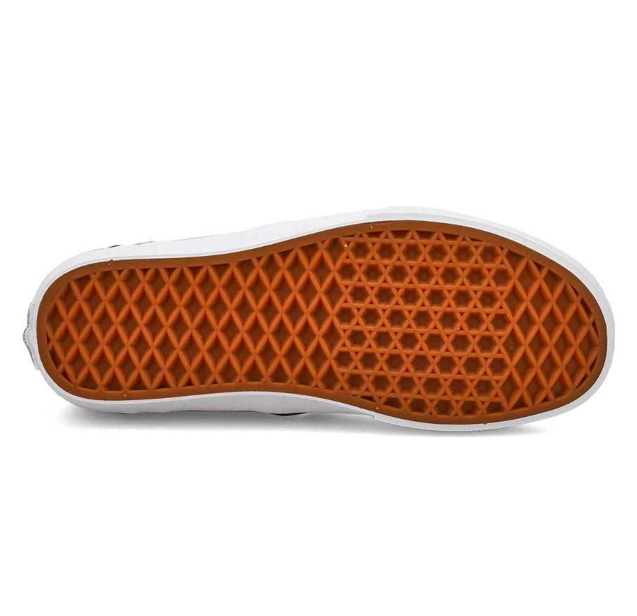 Close-up of a shoe sole with orange pattern on a white background