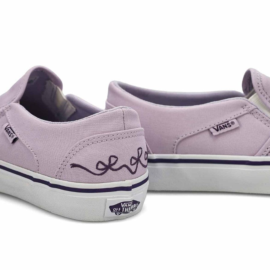 Pair of lavender Vans shoes with dark purple embroidered ribbon bows on the heel on a white background