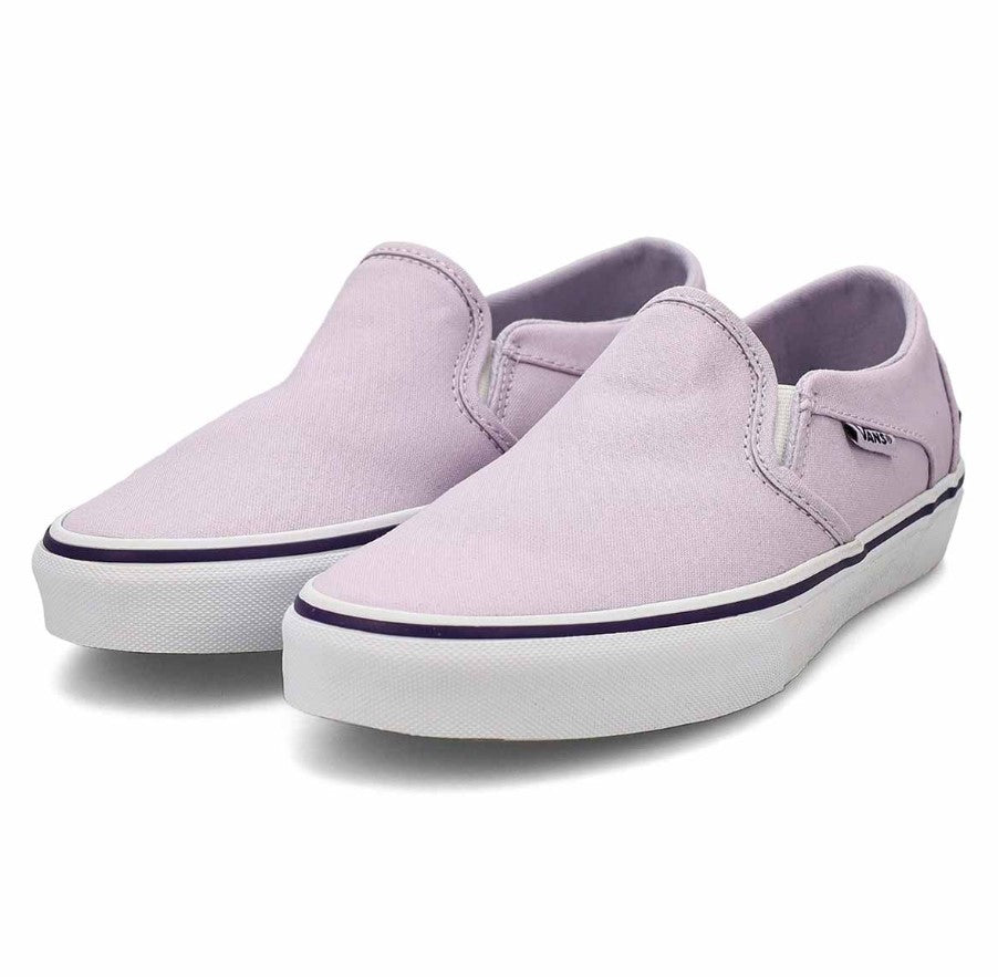 Pair of light purple slip-on shoes with white soles on a white background