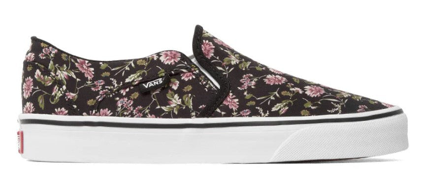 Floral-patterned slip-on sneaker with a white sole on a white background