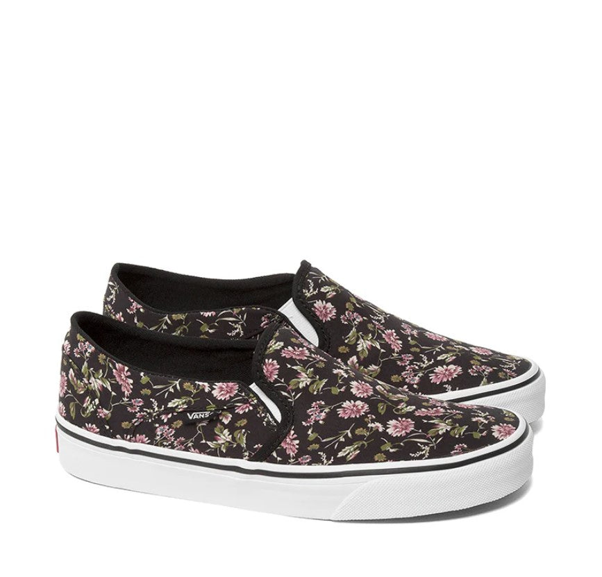 Floral-patterned slip-on shoes on a white background
