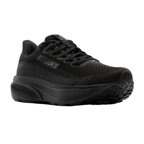 Black running shoe on a light gray background