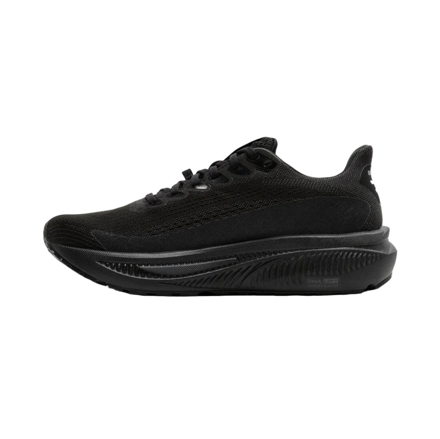 Black running shoe on a light gray background