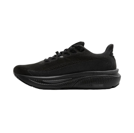 Black running shoe on a light gray background