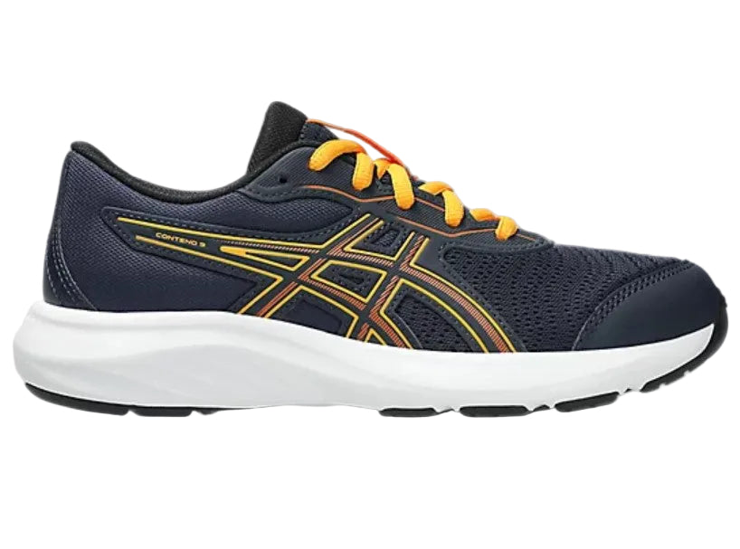 Navy running shoe with yellow accents on a gray background