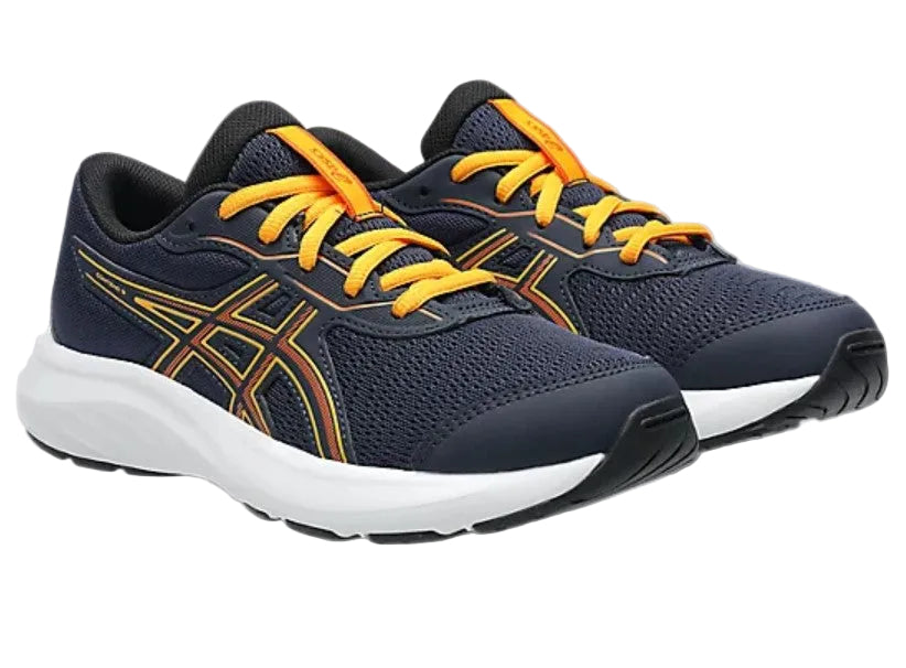 Navy running shoes with yellow accents on a light gray background