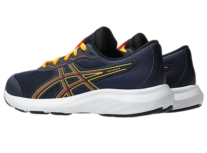 Navy running shoe with yellow accents on a light gray background