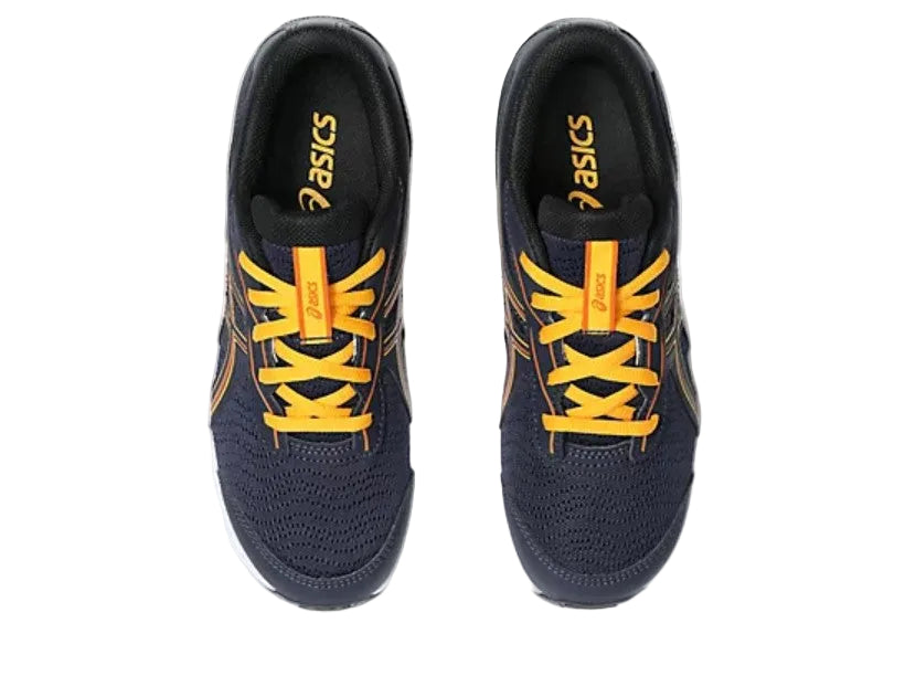 Pair of navy and yellow running shoes with 'Asics' branding on a white background