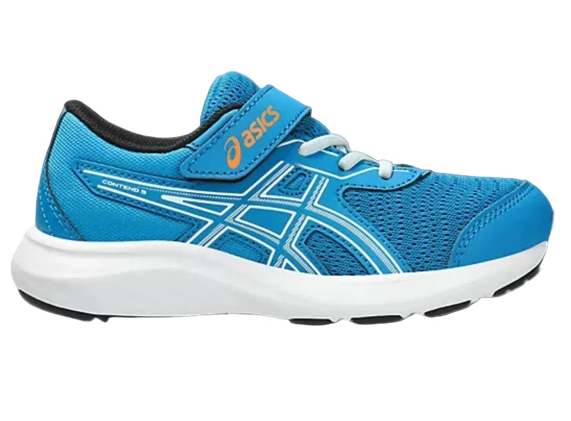 Blue running shoe with white sole on a gray background