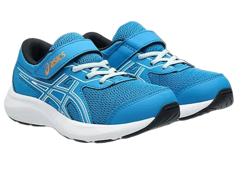 Blue running shoes with white soles on a gray background