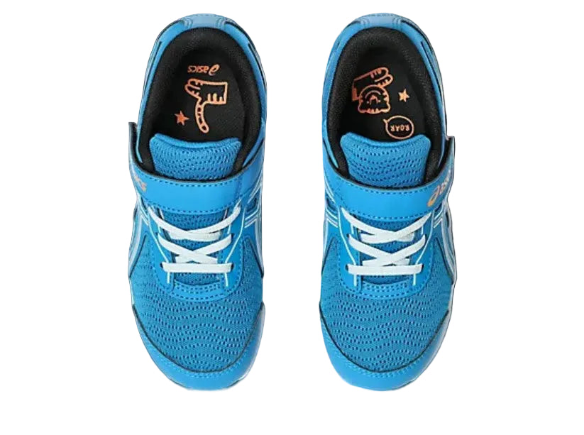 Pair of blue running shoes with white laces on a light gray background