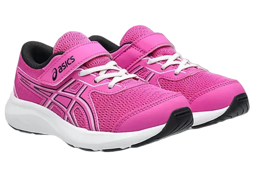 Pink running shoes with white laces on a light gray background
