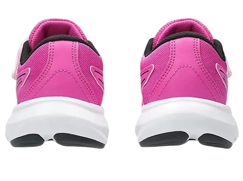 Pink children's sneakers with black accents on a white background