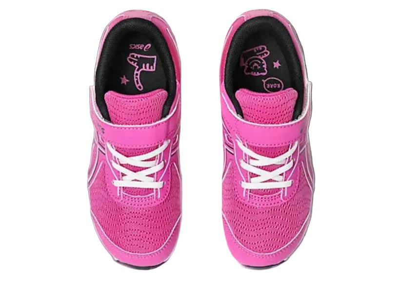 Pink running shoes with white laces on a light gray background
