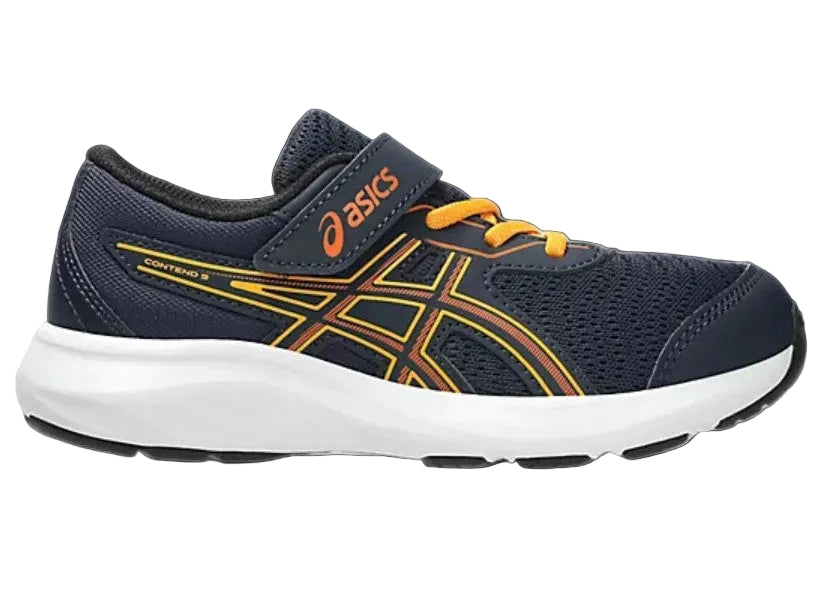 Navy running shoe with orange accents on a gray background