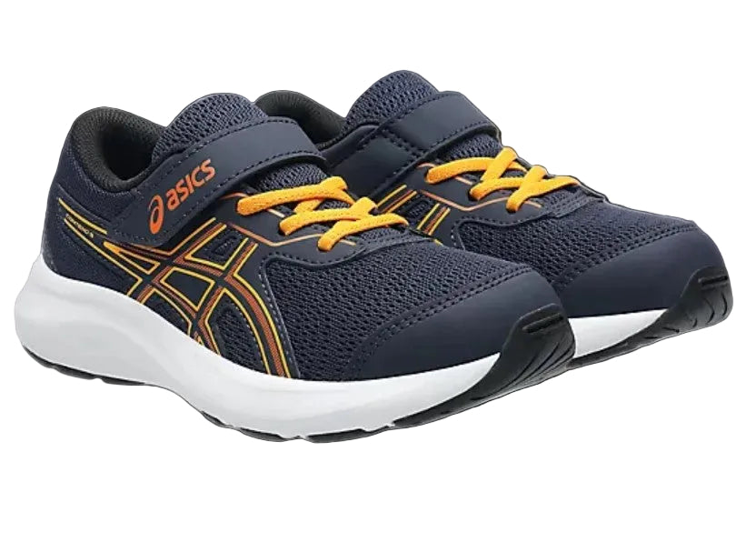 Pair of navy running shoes with yellow accents on a light gray background