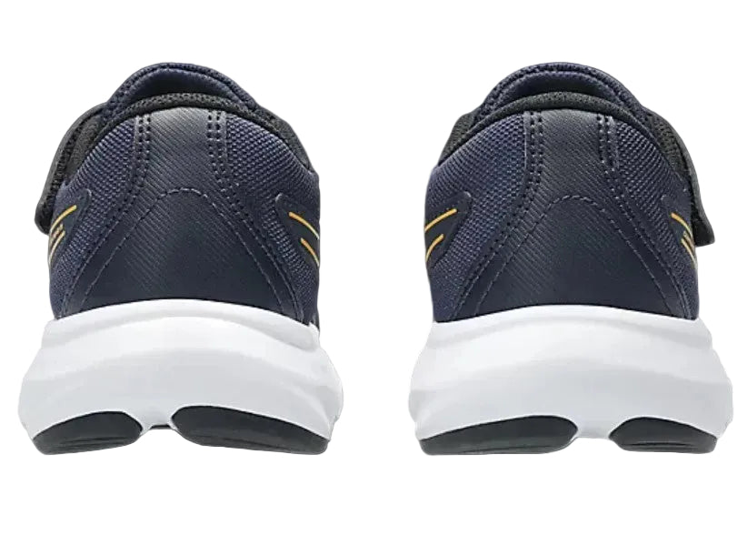 Navy blue children's shoes with white soles on a light gray background