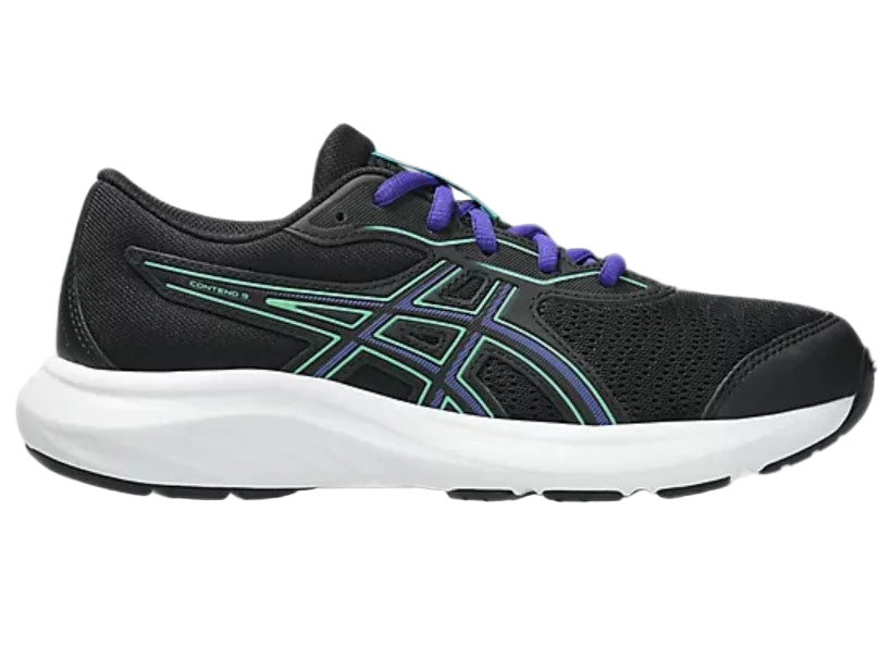Black running shoe with white sole and blue laces on a gray background