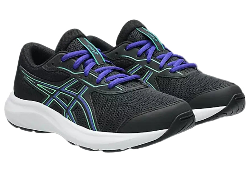 Black running shoes with purple laces on a light gray background